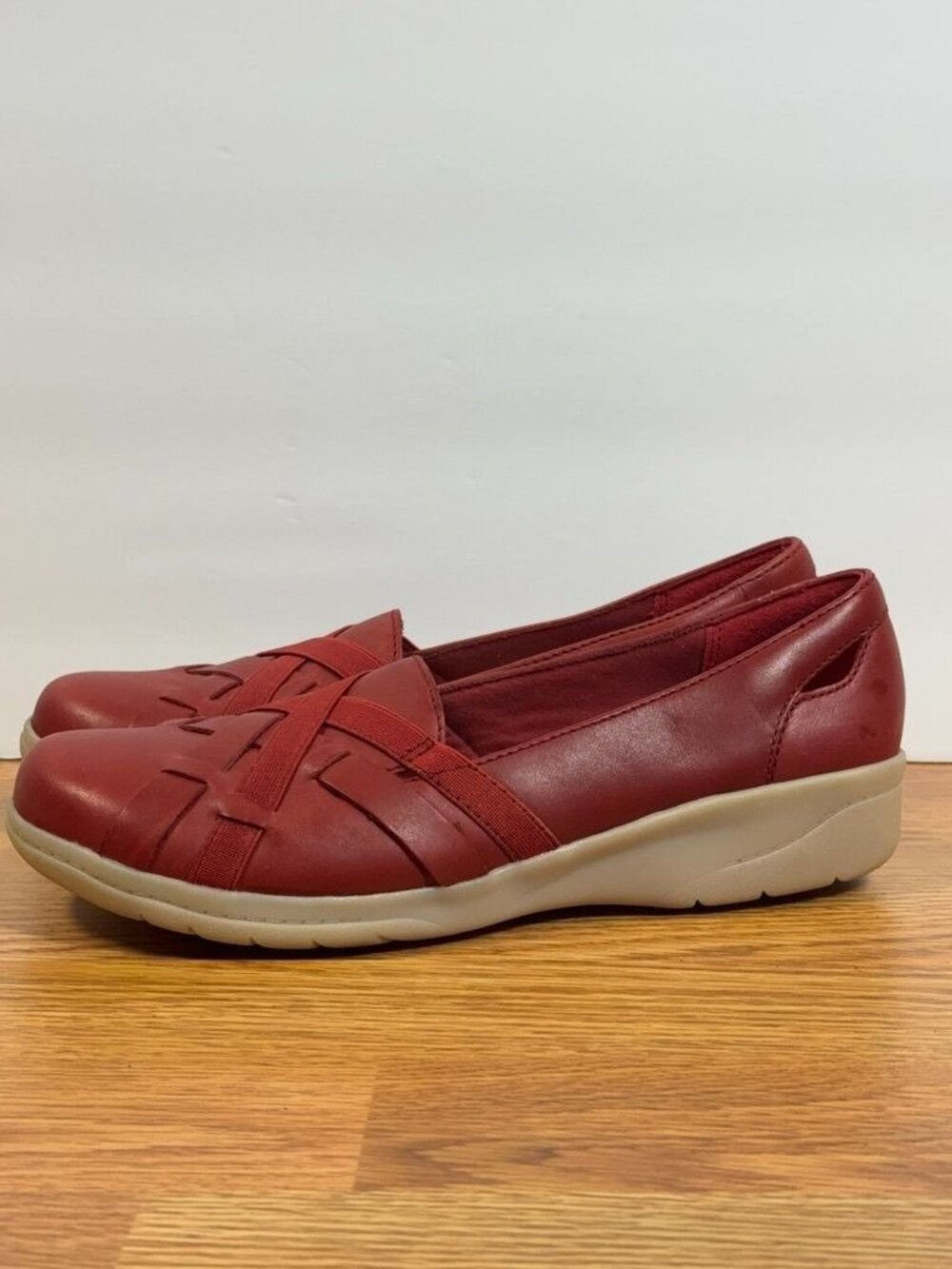 Clarks Cheyn Creek Red Leather Loafers Woven Slip On Comfort Shoes Womens 7M